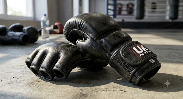 A pair of premium black leather open finger MMA gloves showing the padded knuckles and secure wrist wrap.