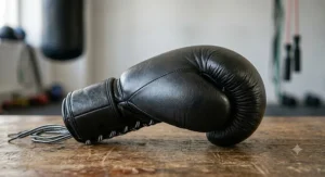 Close up of a traditional boxing glove displaying the rigid pre curved mould designed strictly for punching and hand protection.