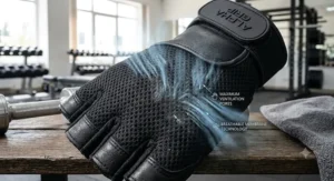 Illustration showing breathable mesh material on the back of half finger gym gloves.