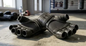 Breathable open finger MMA gloves laid out on a gym mat, designed for intensive sparring and training sessions.