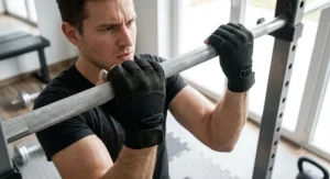 Fitness enthusiast using full finger workout gloves under £15 on a pull-up bar