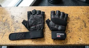Unisex black budget weight training gloves laid flat to show the durable stitching and ergonomic design.