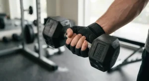 Person holding a hex dumbbell wearing durable budget weightlifting gloves during home workout