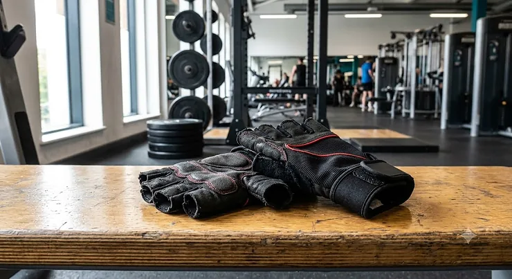 A pair of affordable budget weightlifting gloves displayed against a gym background for UK fitness enthusiasts.