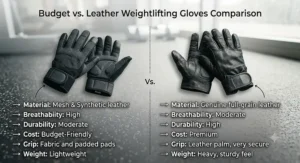 Diagram comparing key features of synthetic budget weightlifting gloves against traditional leather gloves