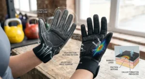 Diagram showing complete hand coverage and friction defense provided by full finger gym gloves for women