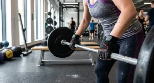 Close-up of a woman wearing cheap weightlifting gloves during a high-intensity functional fitness training session.