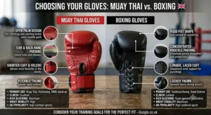 An infographic summary contrasting Muay Thai gloves vs boxing gloves to help UK combat sports athletes choose the right gear.
