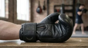 Side profile showing the ergonomic fit and thumb protection of modern hybrid MMA boxing gloves.
