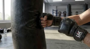 Ergonomic open finger MMA gloves striking a heavy punch bag in a British martial arts gym.