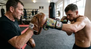 A boxer wearing Fairtex boxing gloves striking leather focus mitts held by a coach in a British gym.