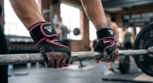 Close-up of women's weightlifting gloves with integrated adjustable wrist straps for extra support