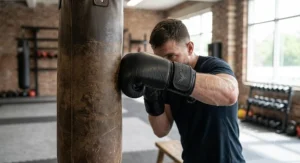 A British fighter using hybrid MMA boxing gloves for a heavy punch bag workout in a local boxing gym.