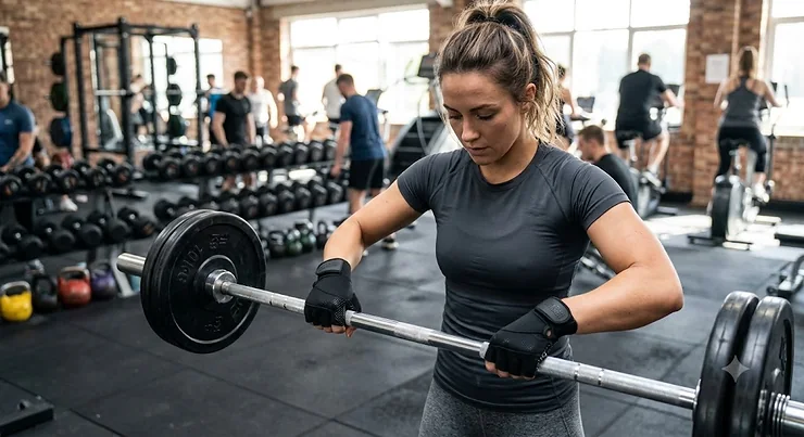 Woman in a UK gym wearing black full finger gym gloves for women while securely gripping a barbell