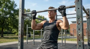 Athlete performing pull-ups on an outdoor fitness rig wearing breathable full finger gym gloves.