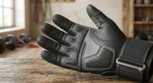 Close-up of padded silicone palm grip on full finger gym gloves for weightlifting protection.