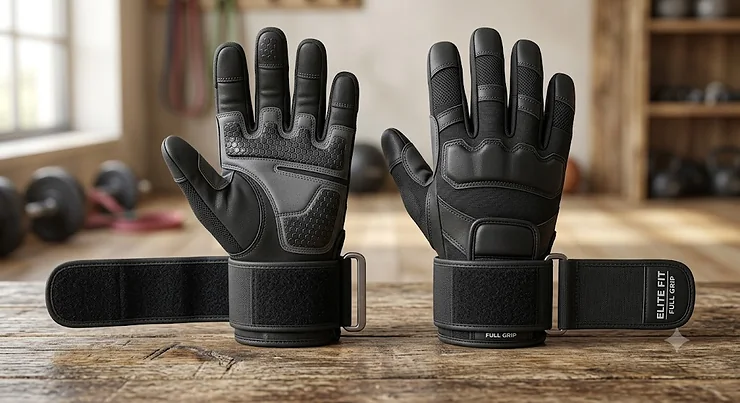 Pair of black full finger gym gloves displayed flat, showing reinforced palms and wrist support wraps.