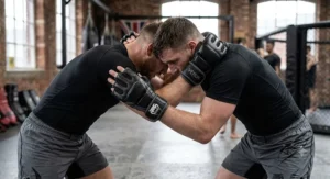 Two fighters engaging in clinch work at a UK gym wearing open palm grappling gloves for optimal grip control.