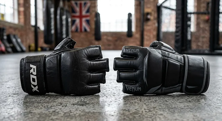 Side by side comparison of a grappling glove and an MMA glove showing the design differences for British combat sports practitioners. grappling gloves vs MMA gloves