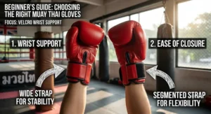 An illustrated guide on how to choose the right Muay Thai gloves for beginners, showing different velcro straps.