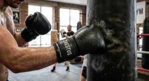 A pair of hybrid MMA boxing crossover gloves being used for intense punchbag training and fitness workouts.