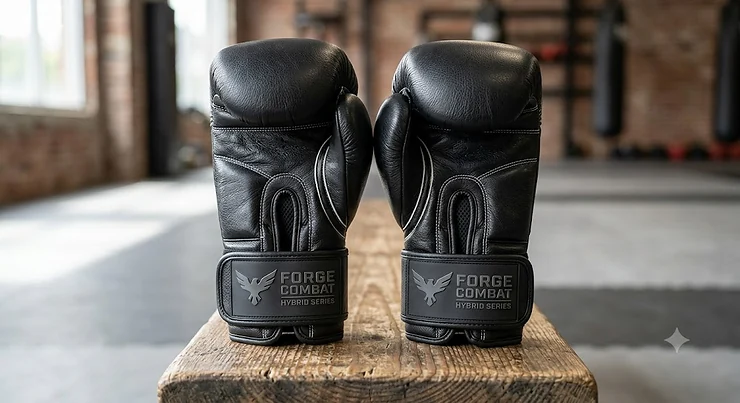 Front view of premium black leather hybrid MMA boxing gloves designed for multi-discipline combat sports training.
