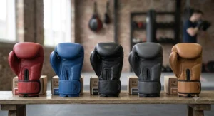 A selection of hybrid MMA boxing gloves in various colours including red, blue, and minimalist grey.