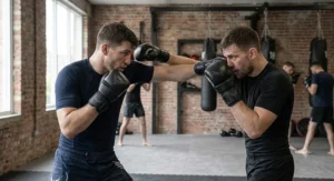 Two fighters engaged in a sparring session wearing protective hybrid MMA boxing gloves.