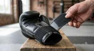 Close-up of the hook-and-loop wrist support strap on hybrid MMA boxing gloves for enhanced safety during sparring.