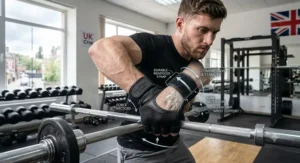 British athlete wearing half finger gym gloves while performing a barbell workout in a UK gym.