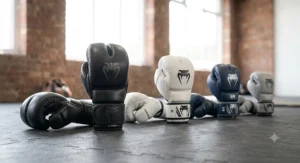 Different sizes of gloves for MMA sparring lined up on a gym mat, suitable for male and female mixed martial arts practitioners.