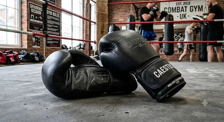 Premium black leather MMA boxing crossover gloves designed for heavy sparring sessions in UK combat sports gyms.