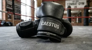 Close-up illustration of the secure hook-and-loop wrist support strap on ergonomic MMA boxing crossover gloves.