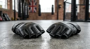 A pair of MMA gloves featuring segmented finger loops to allow both punching accuracy and basic clinching in mixed martial arts.