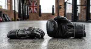 A standard 7oz MMA sparring glove with enhanced padding compared to a slim 4oz competition grappling glove.