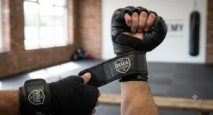 Close-up of the hook-and-loop wrist strap on gloves for MMA sparring, demonstrating wrap-around support for British fighters.