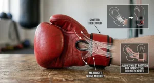 A Muay Thai glove with a shorter thicker cuff designed to allow wrist mobility during intense Thai boxing clinches.