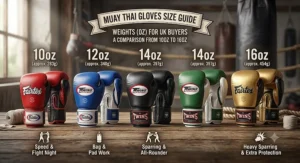 An illustrated size guide comparing different weights of Muay Thai gloves from 10oz to 16oz for UK buyers.