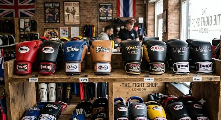 A selection of premium Muay Thai gloves displayed on a shelf in a UK martial arts shop.