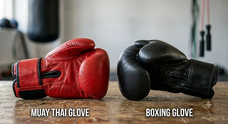 A side by side comparison of Muay Thai gloves vs boxing gloves highlighting the distinct shapes and padding distribution.