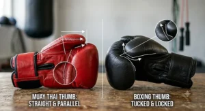 Comparison of thumb positions showing the straight thumb on Muay Thai gloves versus the tucked locked thumb on boxing gloves.