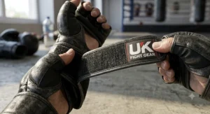 Detailed view of the adjustable hook and loop wrist strap on a pair of open finger MMA gloves.