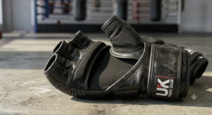 Close-up illustration of open finger MMA gloves highlighting the reinforced palm padding and thumb protection.