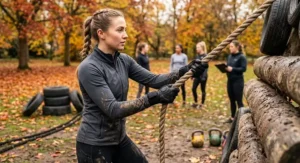 Female athlete wearing durable full finger gym gloves during an outdoor autumn fitness session
