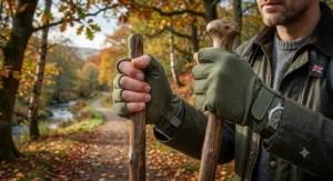 Durable green half finger gloves under £10 with reinforced grip suitable for trail walking and trekking