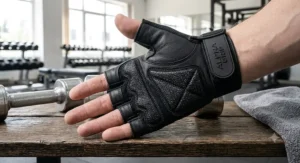 Close-up diagram of anti-slip padded palms on half finger gym gloves for weight training grip.