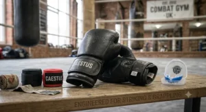 Professional MMA boxing crossover gloves displayed alongside essential training gear including hand wraps and a mouthguard.