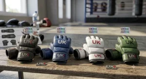 A selection of professional open finger MMA gloves in various colours approved for UK combat sports competitions.