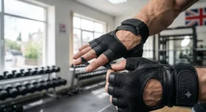 Quick-release finger pull tabs on half finger gym gloves for easy removal after exercise.