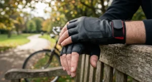 Stylish black leather-look half finger gloves under £10 with adjustable hook-and-loop wrist straps